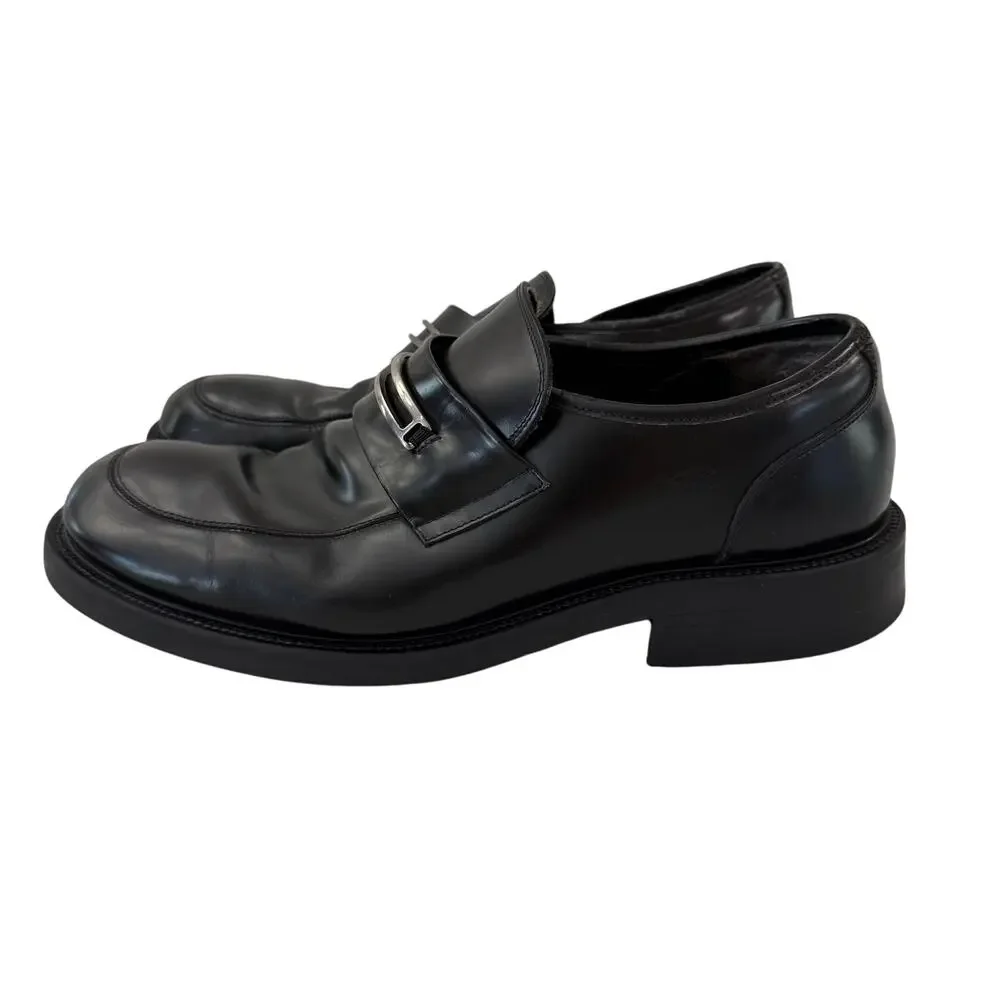 Skechers Slip On Loafer Size 13 Black Leather Silver Metal Rubber Sole